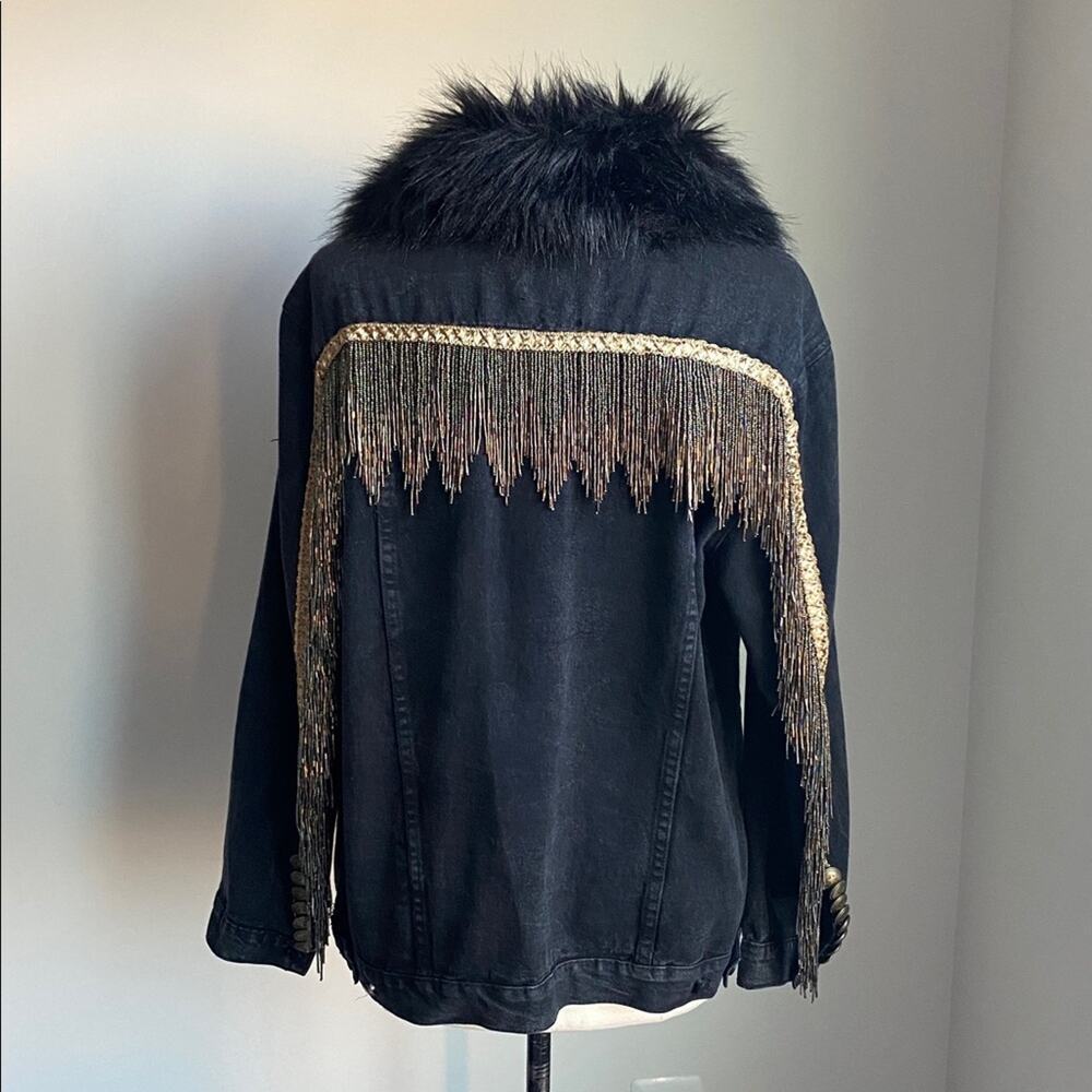Upcycled Beaded Fringe Denim Jacket Faux Fur Collar Womens Sz Large Black Gold